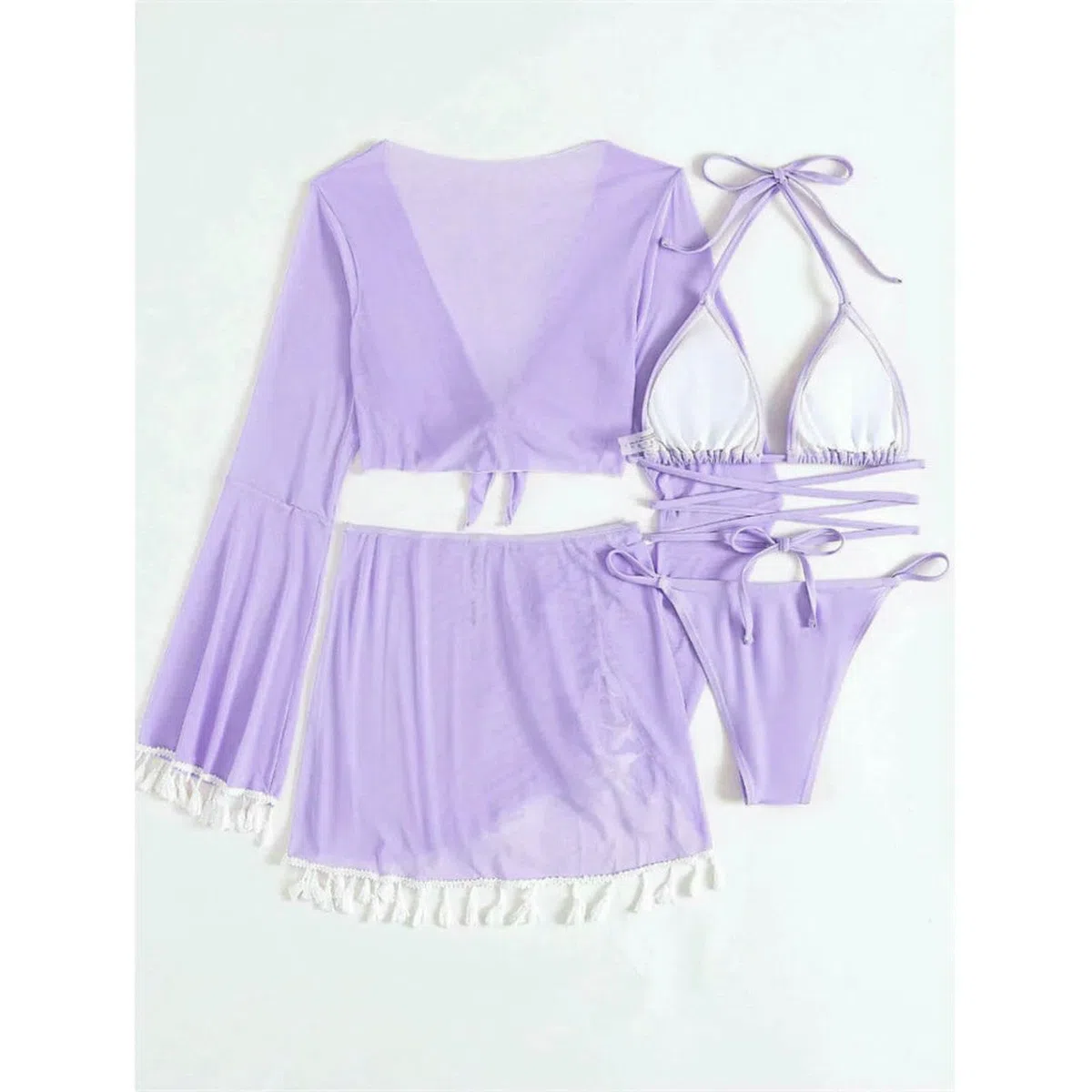 Maillot de Bain Femmes S-XL 4 Pièces Push Up Bikini Set, 2 avec Jupe Tassel & Manches Couvrir, Vacances Plage pour Les Femmes-Purple-m