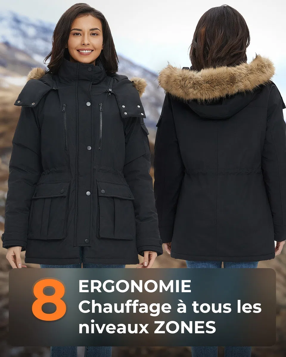 Veste Chauffante Femme Avec Batterie Incluse de 18400 Mah 12v, 8 Zones de Chauffage,Parka Longue Femme chaud et imperméable à capuche amovible en fausse fourrure
