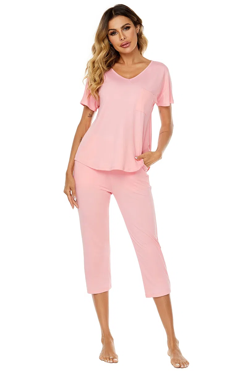 Survêtements Coton Femme Ensemble de Pyjama 2 Pièce Sportswear Jogging Été Col en V Haut et 3/4 Pantalon Sweat Suit Tenue Sport Ensemble Vêtements de Nuit