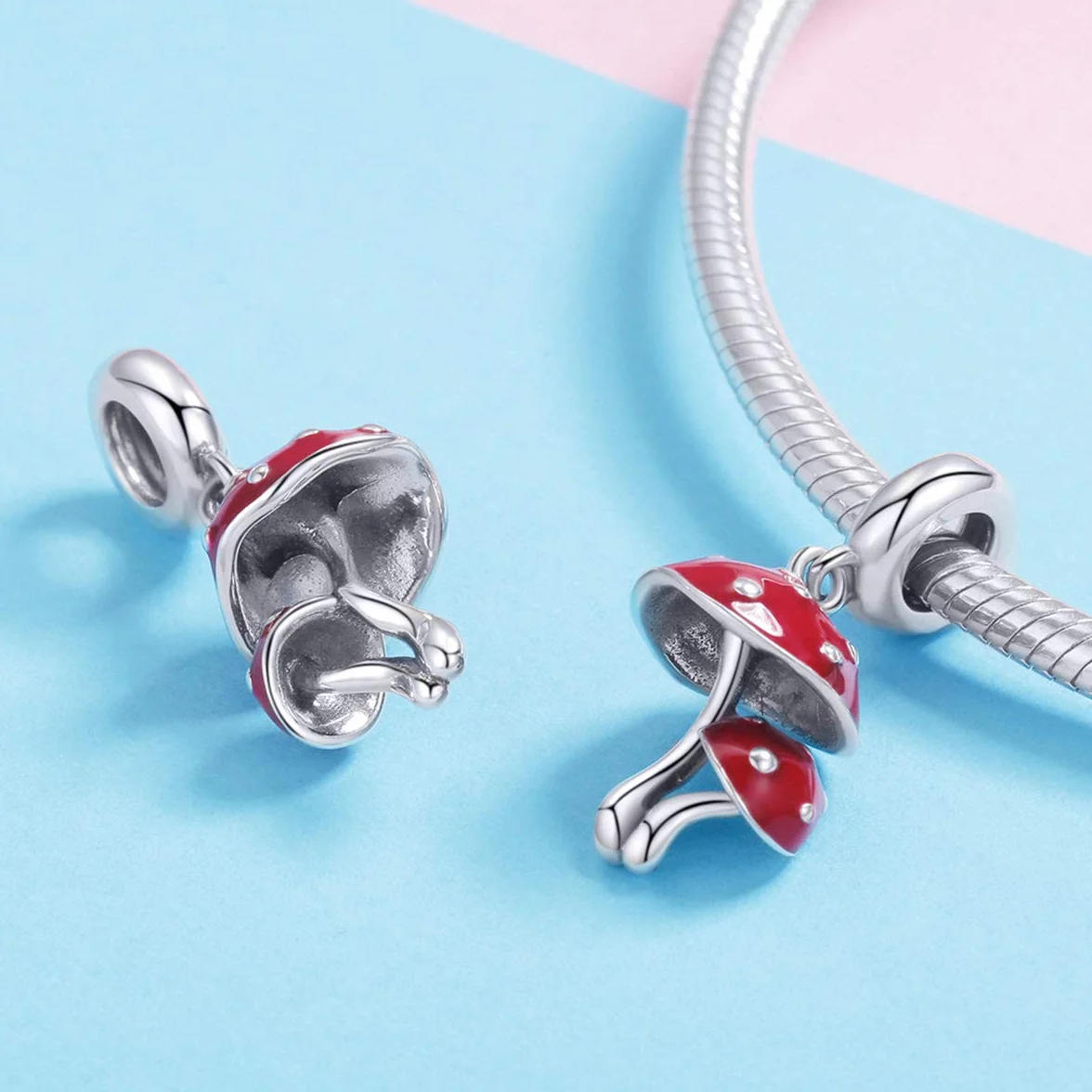 NewL Pendentif en argent sterling 925 émaillé rouge champignon pour bracelets et colliers, Argent sterling Métal Argent
