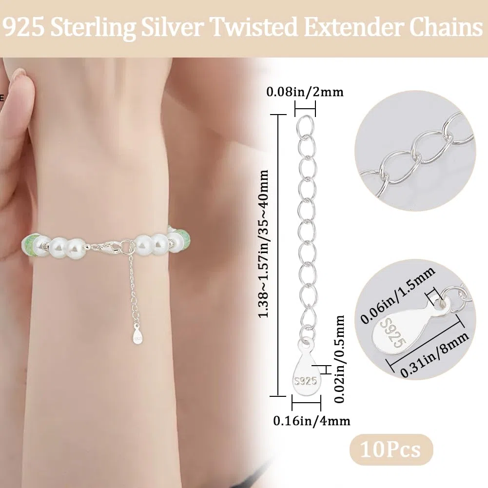 Beebeecraft 1 boîte de 10 pièces de 925 rallonges de Chaîne en Argent Sterling pour Collier Bracelet Chaînes D'Extrémité D'Extension avec Languettes de Chaîne en Forme de Larme Tampon S925 pour la