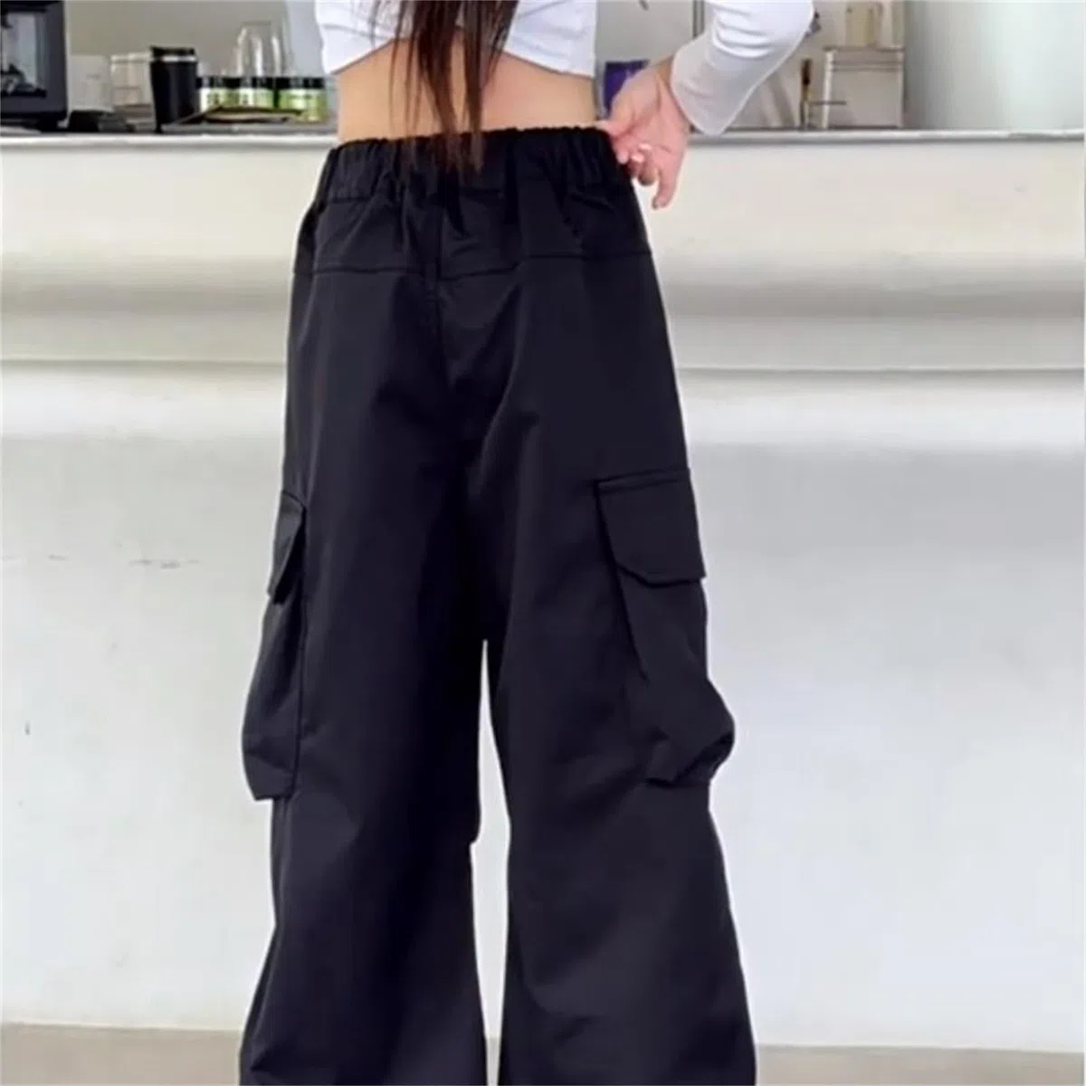 Pantalon cargo à jambe large avec poches pour filles - Taille élastique - Pantalon d'école tendance - Taille haute - Droit - Ample - Style hip-hop uni, Noir , 12-13 ans