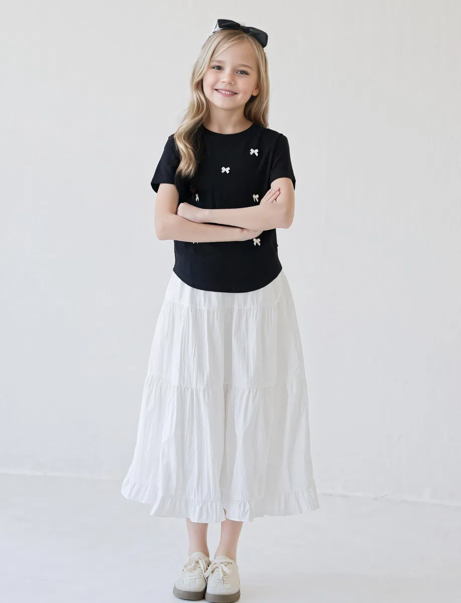 SEAUR Jupe Longue Fille Taille Élastique Élégante Maxi Jupe à Volants D'été Couleur Unie Enfant 130-165=(122-164 UE)