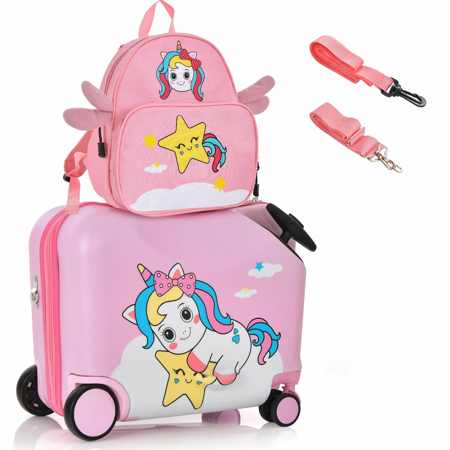 COSTWAY Valise Enfants à roulettes 18” avec Sac à Dos 12”, Bagages à Main pour Voyage avec Roues Coque Imperméable Poignée Rétractable pour Enfants de 3 Ans+ Charge 50KG+8KG (Rose Licorne)