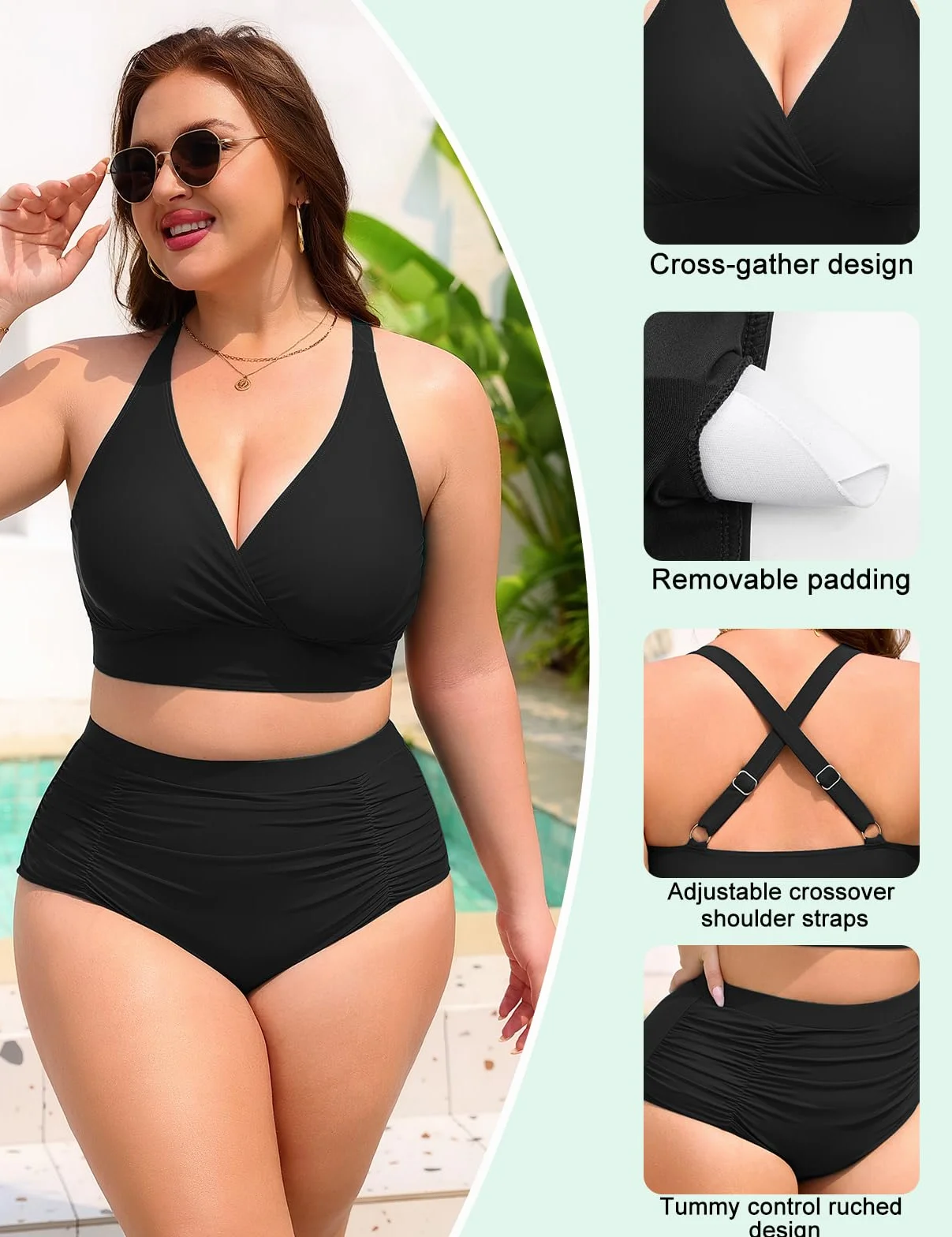 Nadeer Grande Taille Taille Haute Gainant Ventre Plat Maillot De Bain Femme 2 Pieces ContrÔLe du Ventre Push Up Rembourré Bikini Col en V Swimsuit