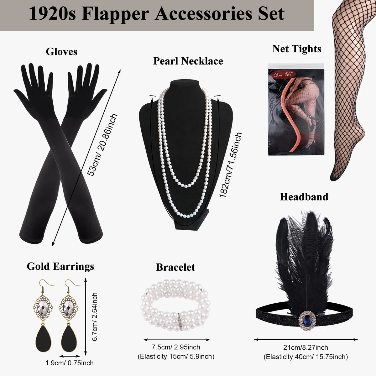 ELECLAND 10 Pièces Années 1920 Flapper Great Gatsby Accessoires Set Mode Roaring 20's Theme Set avec Bandeau Bandeau Long Gants Noirs Collier Boucles d'Oreilles pour Femme