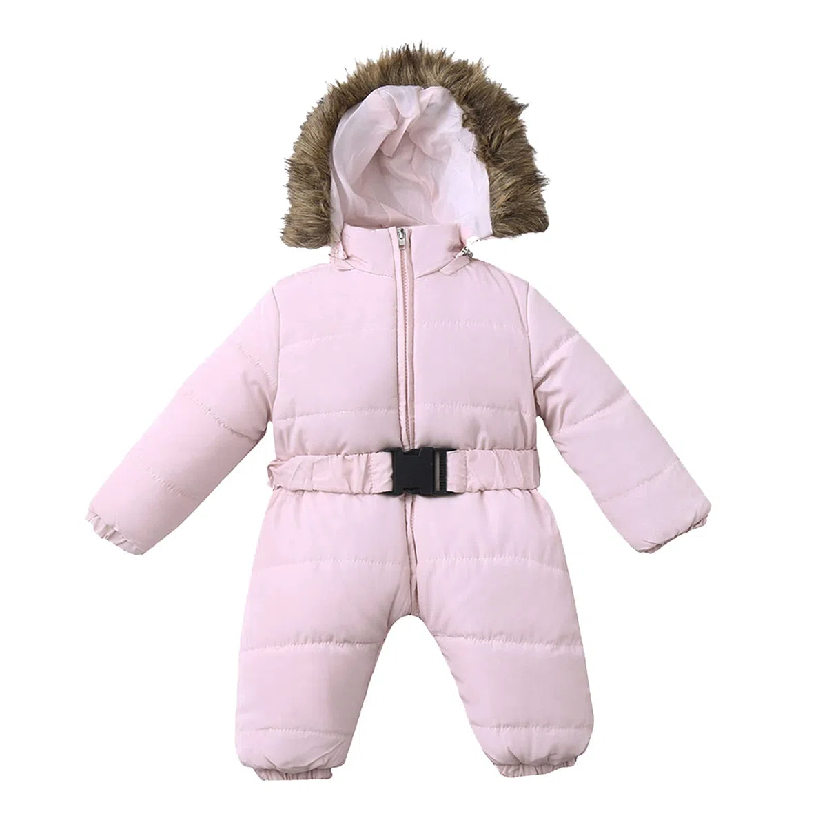 Combinaison de Neige pour Enfants Hiver Bébé Fille Garçon Rembourré à Capuche Fourrure Manteau Couleur Unie avec Ceinture Combinaison De Ski Survêtement Veste Chaud