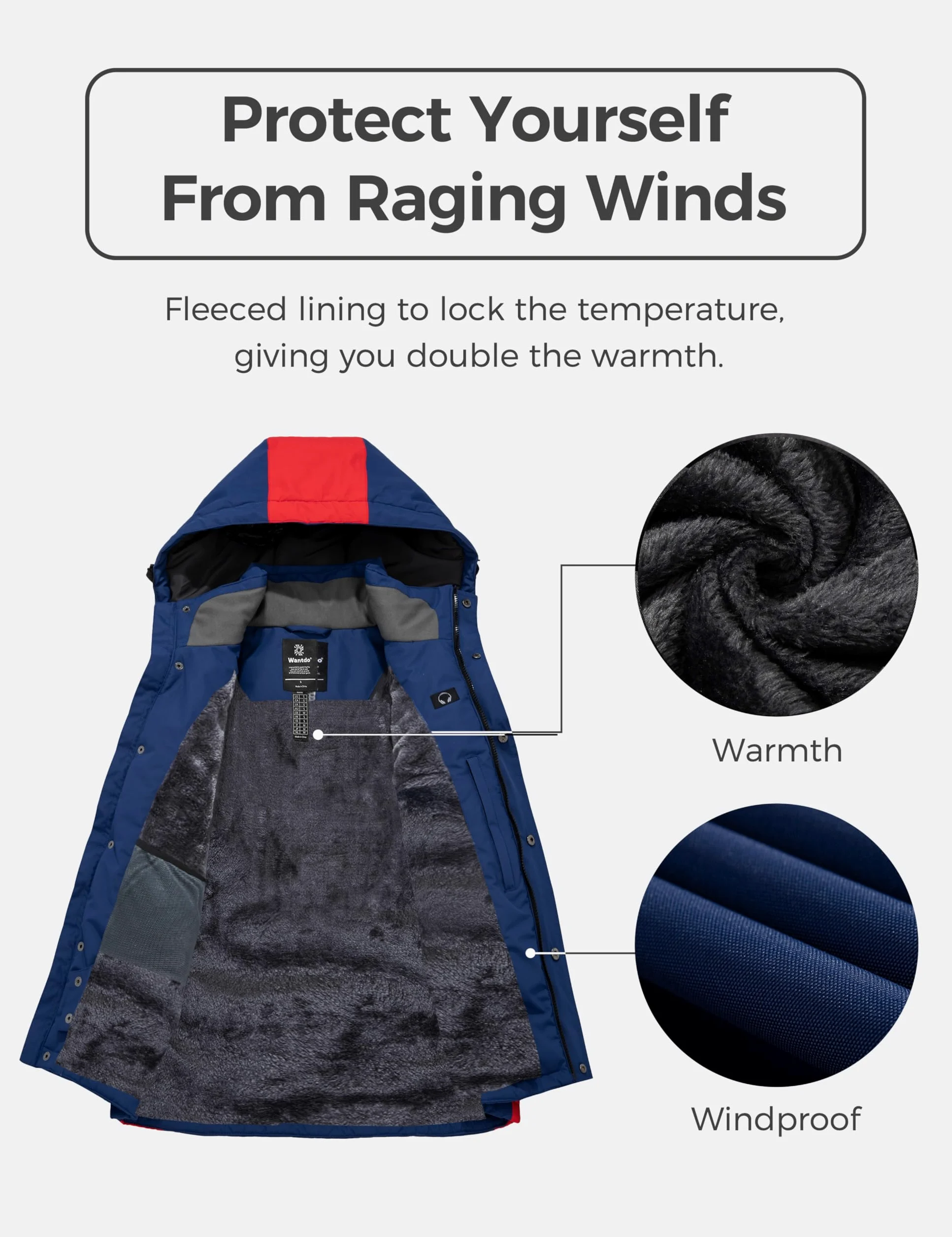 Wantdo Homme Veste de Ski Imperméable Outdoor Manteau d'hiver Chaud avec Capuche Amovible Veste Coupe-Vent Veste Randonnée pour Voyage