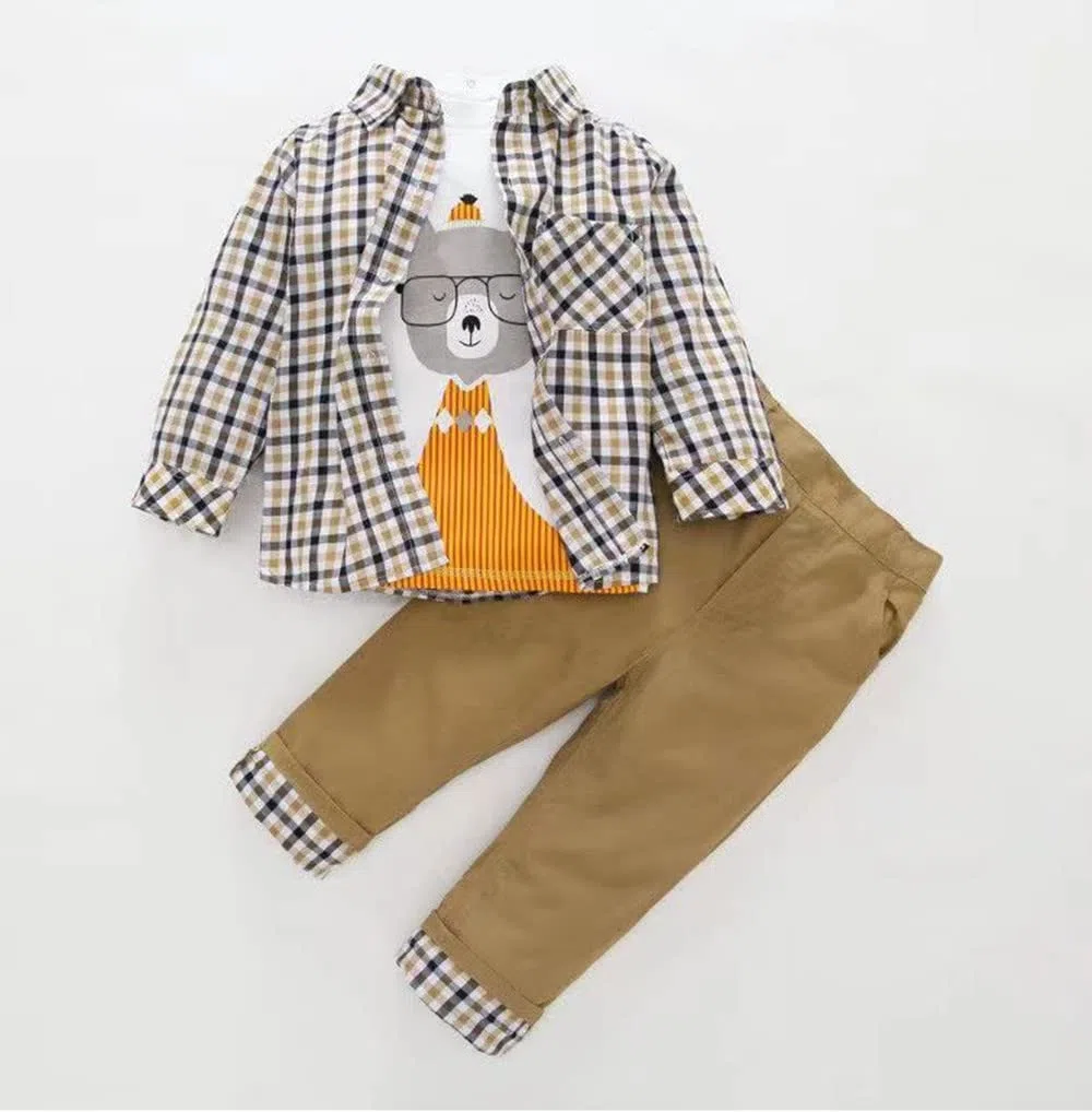 Sopo décontracté pour garçon Ensemble 3 pièces (T-shirt + Plaid Shirt + Pantalon Kaki) 1–5 Y