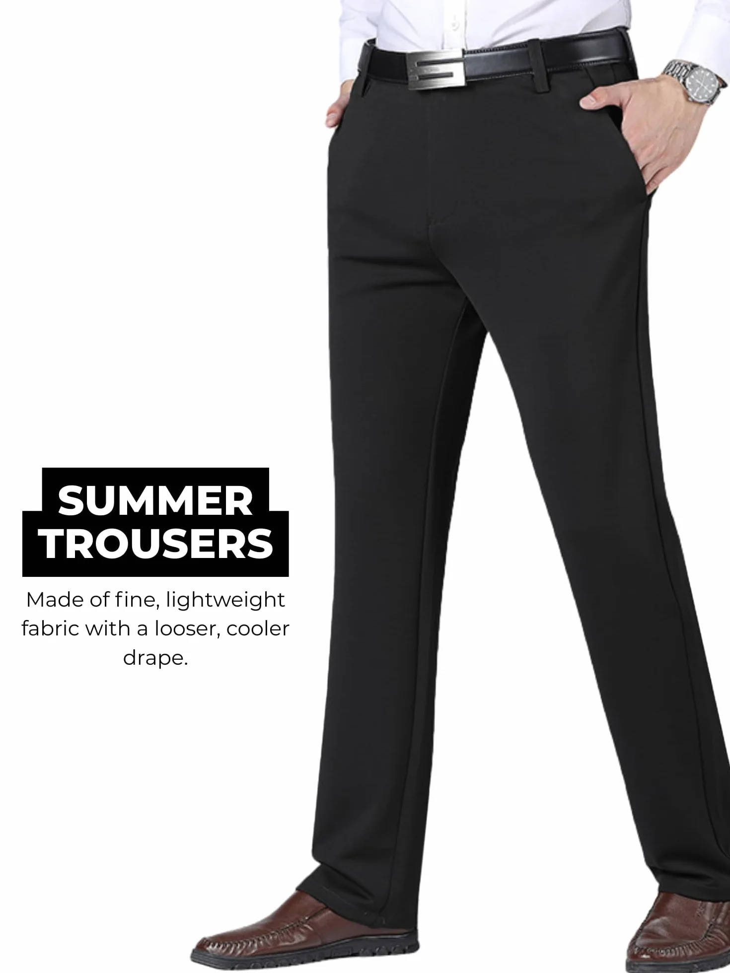 MAGIC SELECT Pantalon de Robe Homme Élégant. Pantalon de Costume, Coupe Droite avec Plis et Poches à Utiliser au Bureau, au Travail, au Serveur, au Commis de Magasin (Printemps-été)