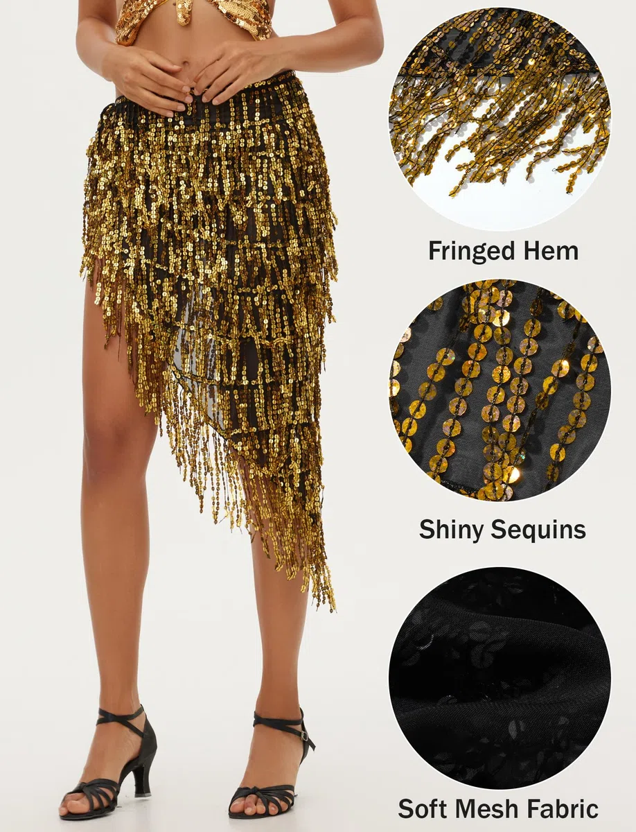 SEAUR Ceinture Danse Orientale Femme Sequin Foulard Danse du Ventre Hip Scarf Tassel pour Rumba Samba Chacha