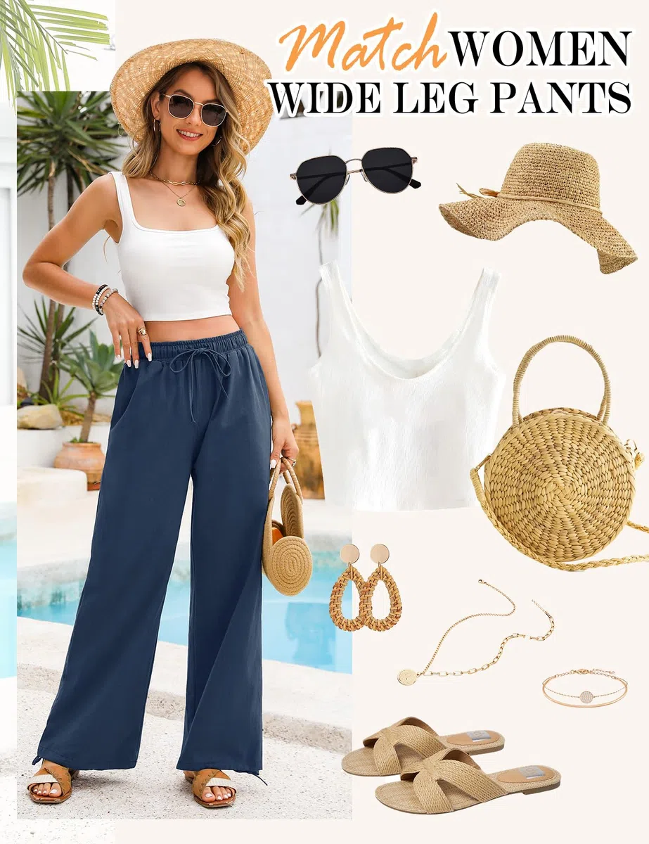 Niwicee Pantalon Fluide Femme Été Pantalon Femme Coton Décontracté avec Cordon Elegant avec Poches Pantalon Droit à Jambes Larges Printemps Pants