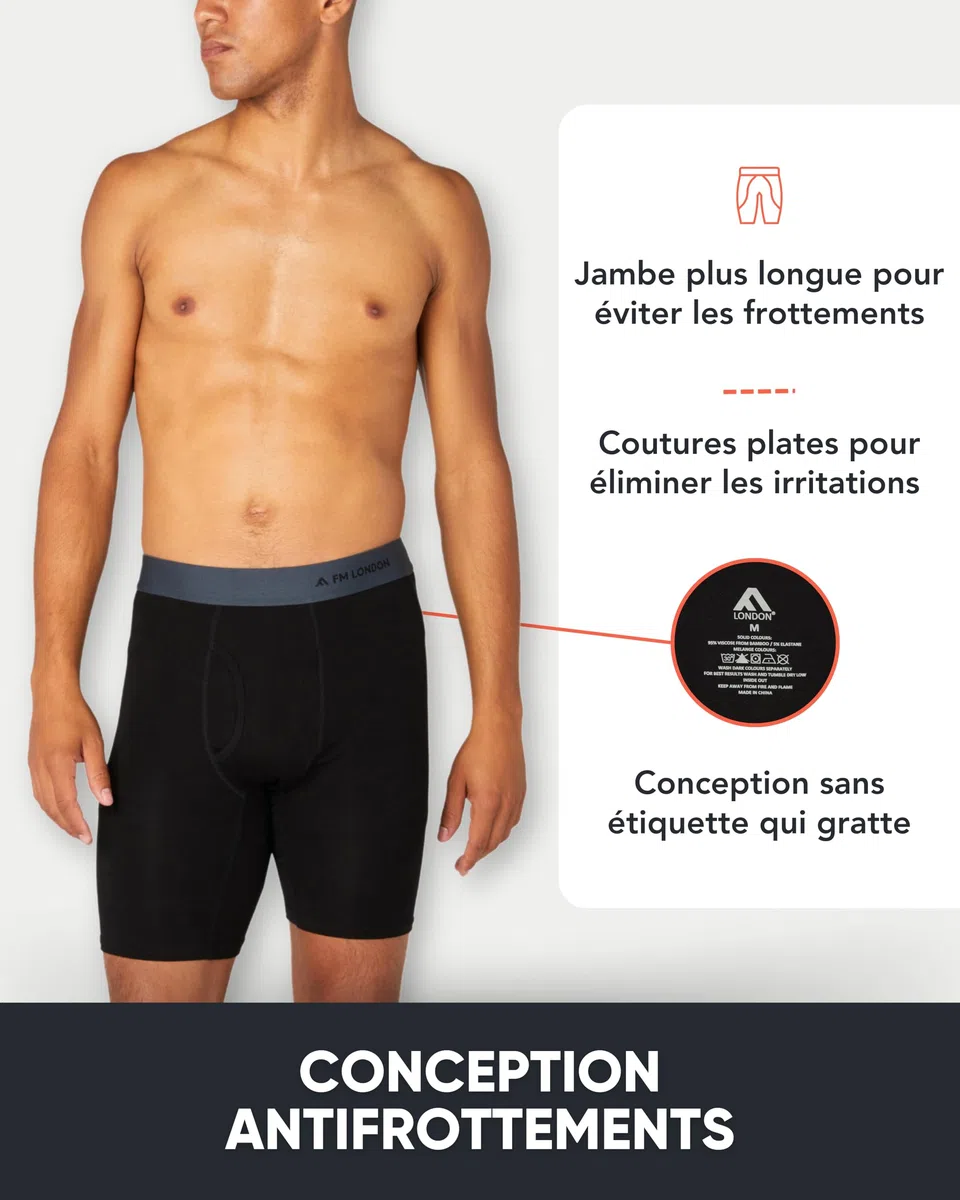 FM London Boxer en Bambou pour Homme, Boxer Long pour Homme en Bambou Ultra Doux, Antifrottements et Évacuant la Transpiration, avec Ouverture, Lot de 4