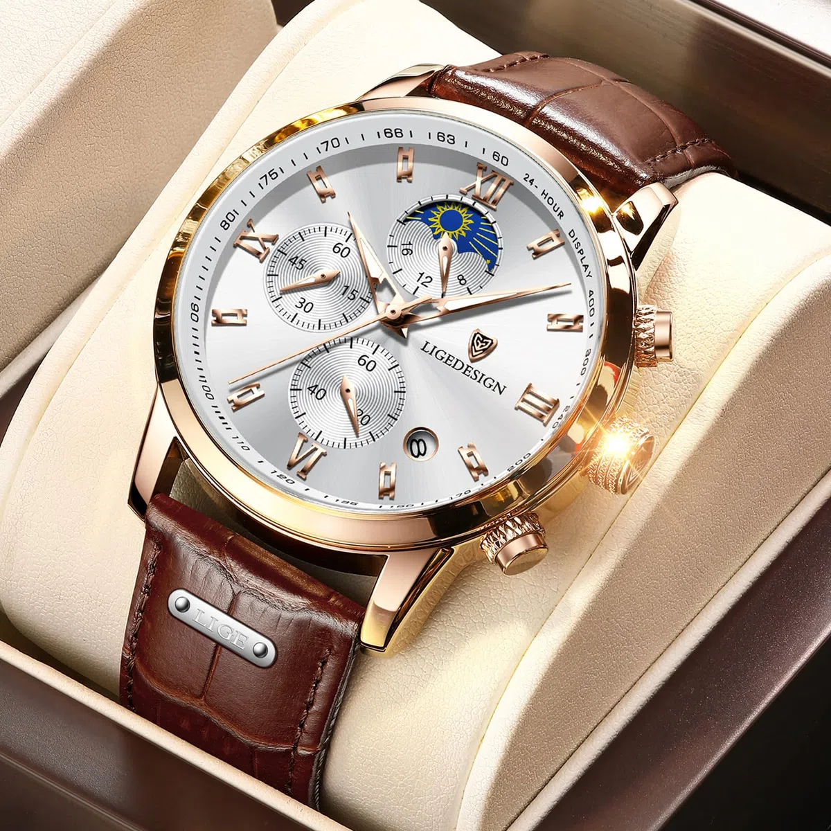 LIGE Montre Homme, Chronographe Quartz Analogique, Cadran Chronographe Jour-Lune, Bracelet en Cuir, Aiguilles Luminescentes, Affichage de la Date, Montre Homme Etanche 3ATM, Outdoor Décontracté