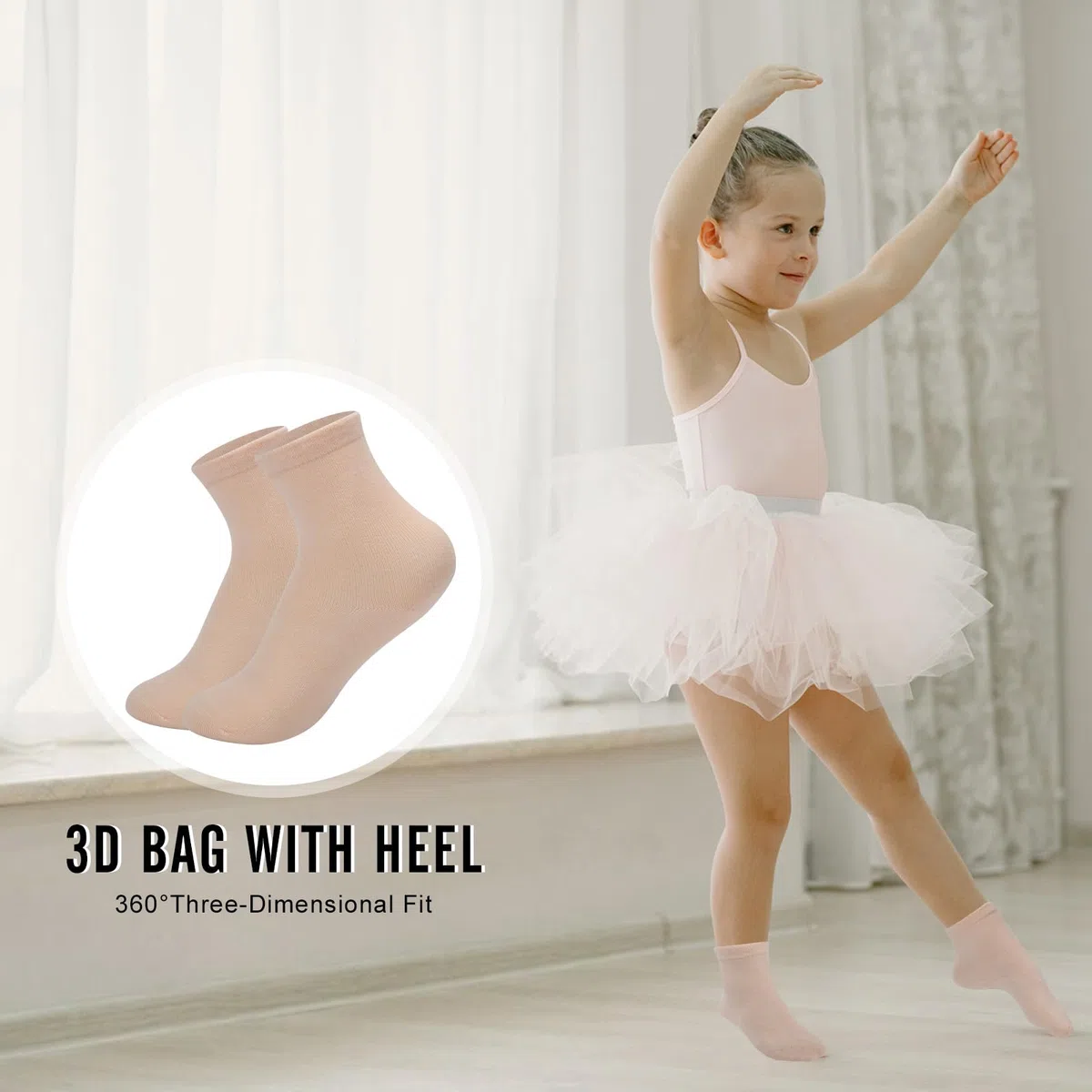 Lot de 4 paires de chaussettes de ballet pour filles, en coton oxygéné respirant, rose nude, orteils sans couture, chaussettes de danse extensibles pour tout-petits/enfants