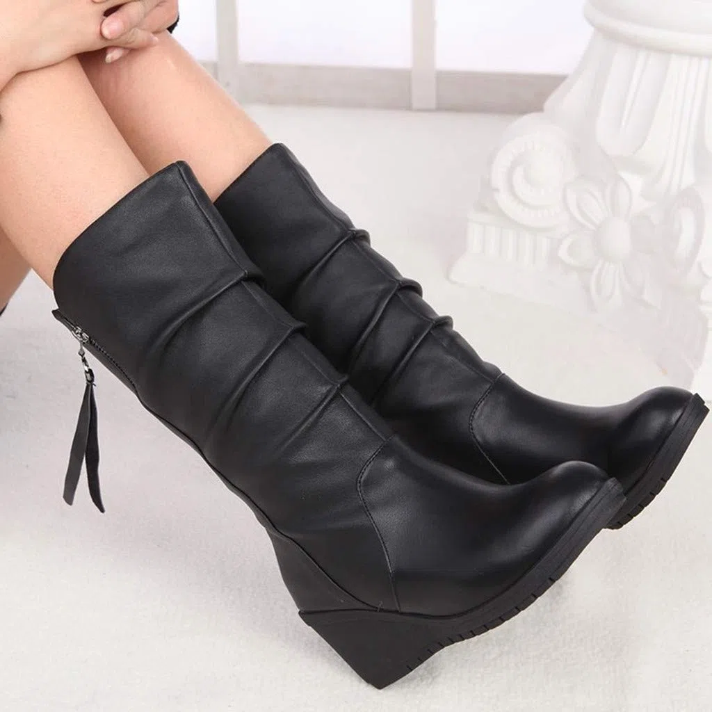 OBiQuzz Bottines pour femme - Noir - Tige courte - Talon compensé - Bottes western en cuir noir - Bottes de cheville - Bottes d'équitation pour femme - Bottes d'équitation - Bottes basses à enfiler