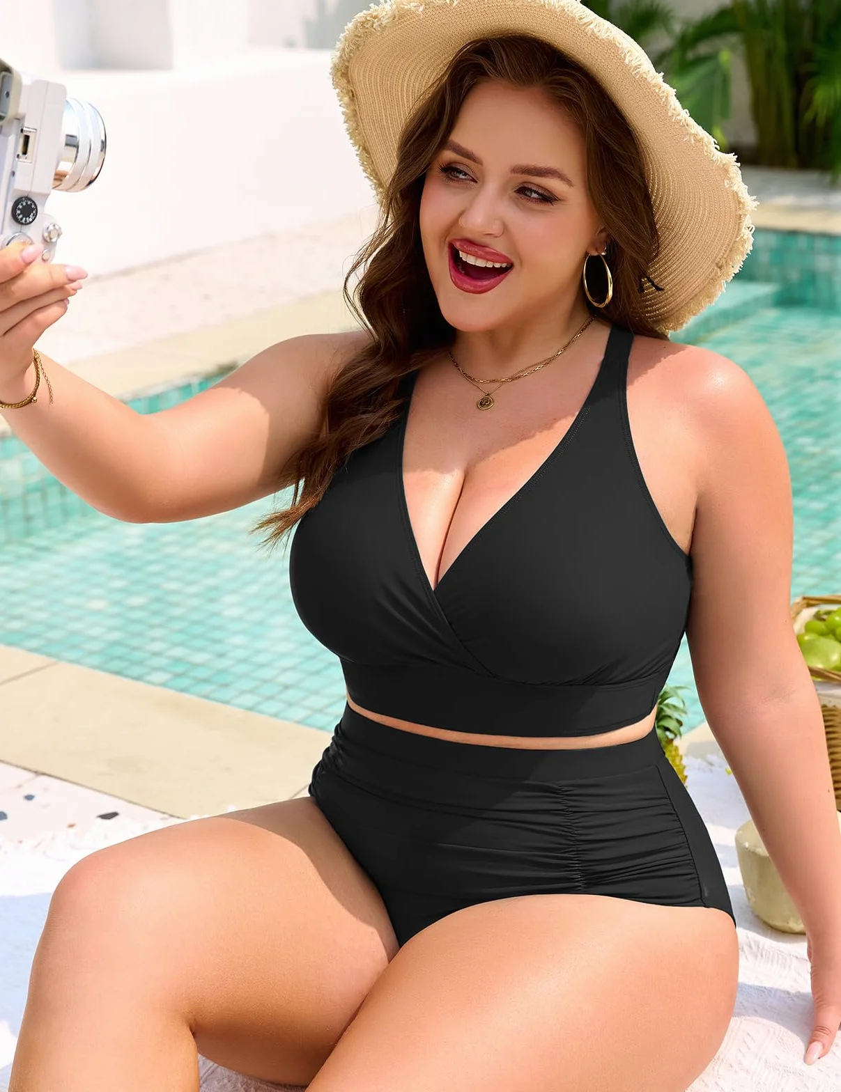 Nadeer Grande Taille Taille Haute Gainant Ventre Plat Maillot De Bain Femme 2 Pieces ContrÔLe du Ventre Push Up Rembourré Bikini Col en V Swimsuit