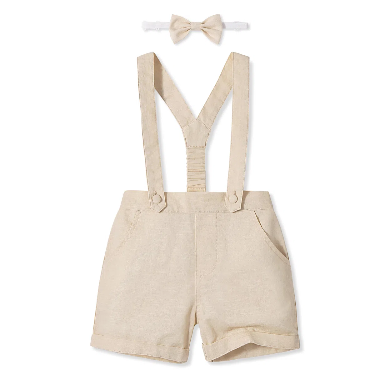 Volunboy Short à Bretelles pour Bébé Garçon, Short D'été Lin avec Bretelles et Nœud Papillon, 3 Pièces