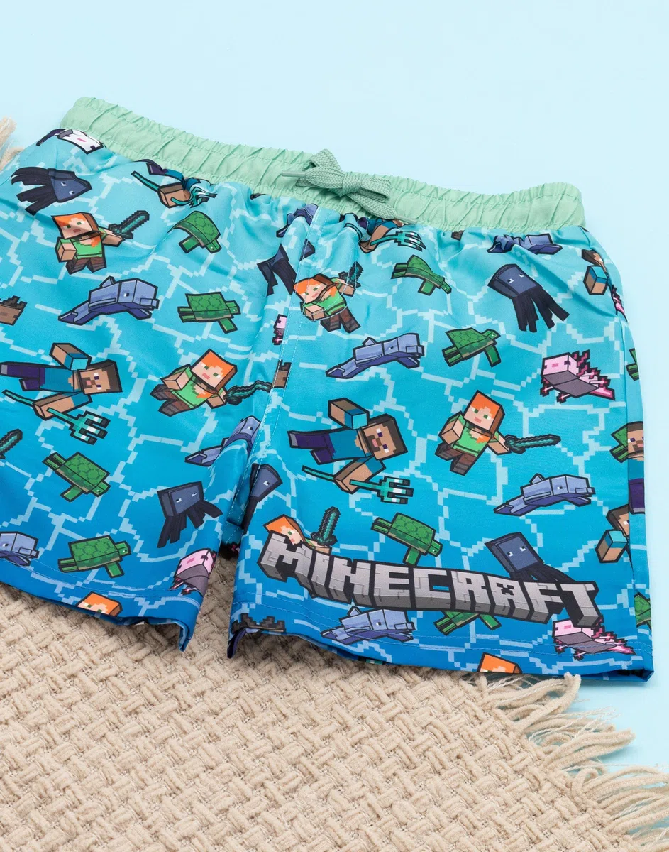 Minecraft Short de Bain pour garçons | Options de Liane Bleue Verte OU Verte | Enfants Ados Creeper Steve Alex TNT Explosif Personnages Gamer Pantalon de Natation Malles