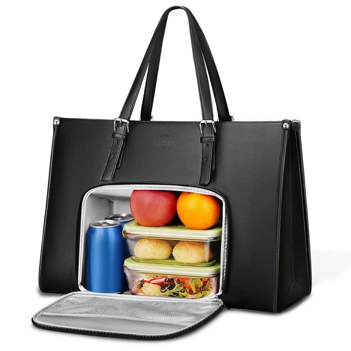 MATEIN Sac Cabas Femme Grand Format, Sac a Main pour Les Cours Lycee, Sacs de Travail Femme 15,6 Pouces Cuir PU avec Compartiment Isotherme, pour Universités, Voyage, Cours Lycee, Cadeau, Noir