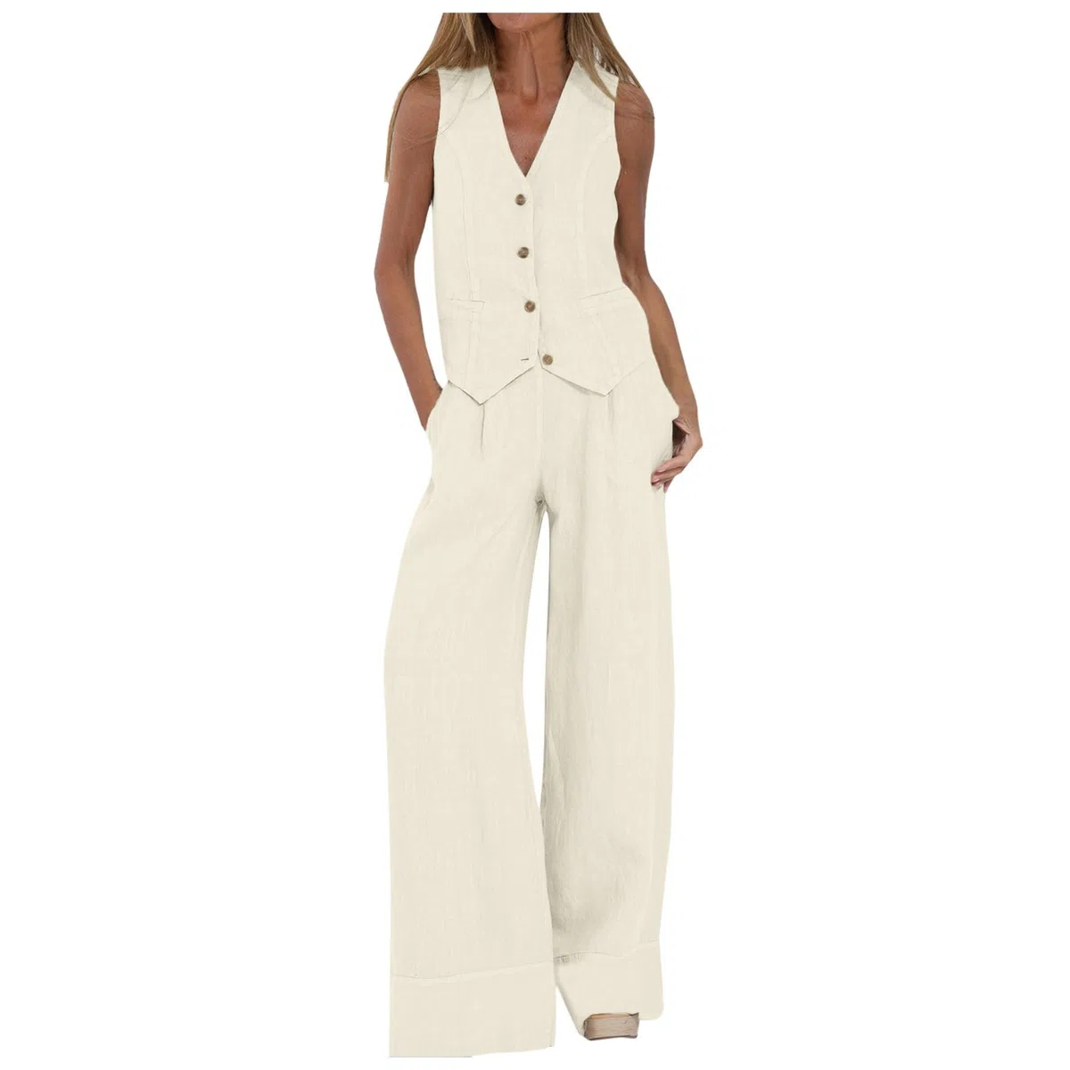 Tailleur Femme Ensemble 2 PièCes Gilet Et Pantalon pour Femme avec Col en V sans Manches en Coton Et Lin à Jambe Large Costume D'éTé Assorti Ensemble d'affaires Tailleur Blazer d'été Assort