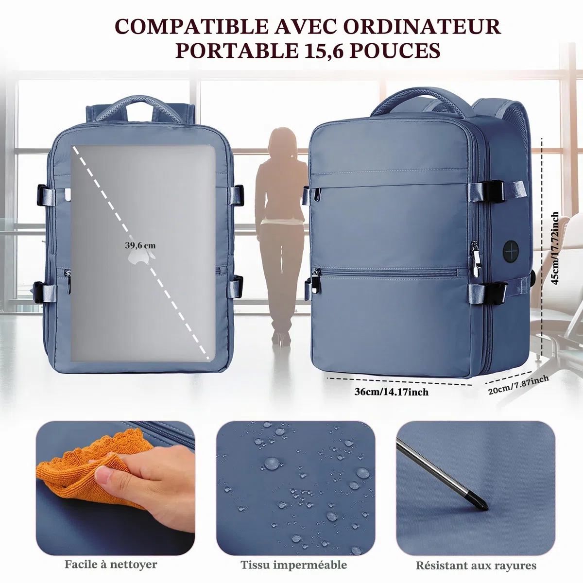 WOUIYO Bagage Cabine 45x36x20 pour Easyjet Sac à Dos Voyage Cabine Avion 30L Bagage à Main Femme Homme Sous Siege Cabine Sac à Dos pour Ordinateur Portable 15.6 Pouces