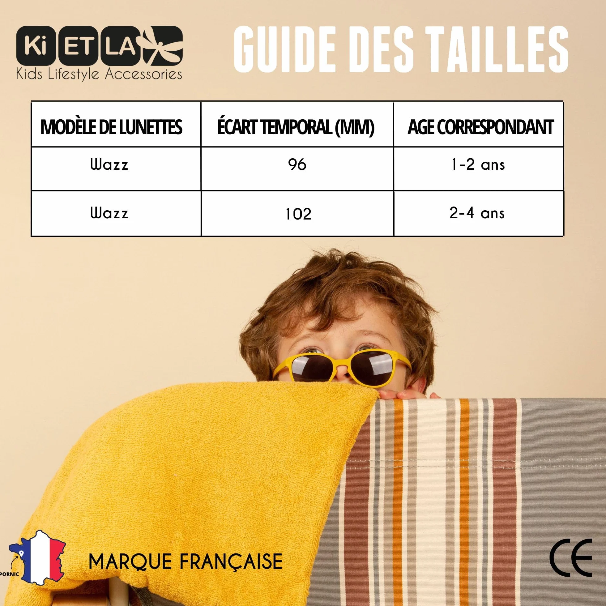 KI ET LA - WAZZ - Lunettes de Soleil Bébé 1-4 ans Norme CE - Protection UV Totale - Ultra Légères - Souples - Incassables - Filtre Lumière Bleu - Marque Française