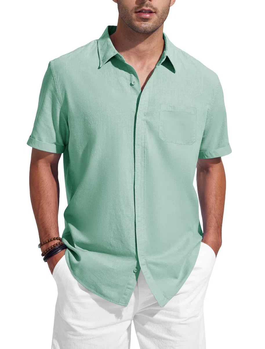 Friptspyg Chemise en Coton et Lin à Manches Courtes pour Homme avec Poche Et Boutons Cachés Idéale pour Un Usage Quotidien Casual Ou à La Plage