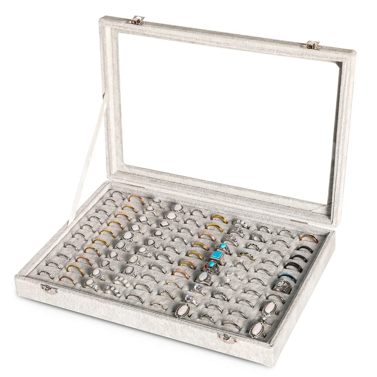 Frebeauty Plateau organisateur pour bagues 100 emplacements Porte-bagues avec couvercle transparent Boîte de rangement en velours Plateau à bijoux pour magasin de bijoux Présentoir pour boucles