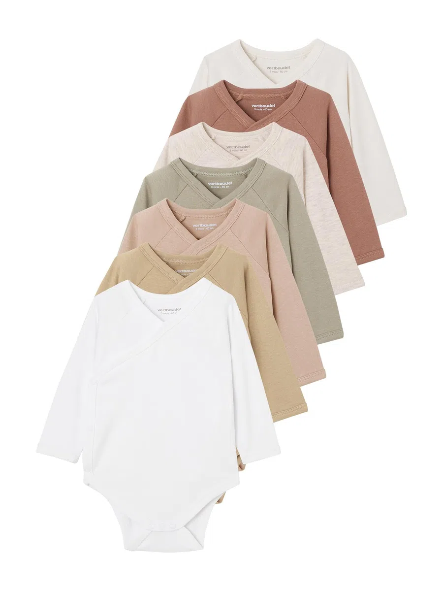 VERTBAUDET Lot de 7 bodies en coton Bio manches longues ouverture naissance BASICS