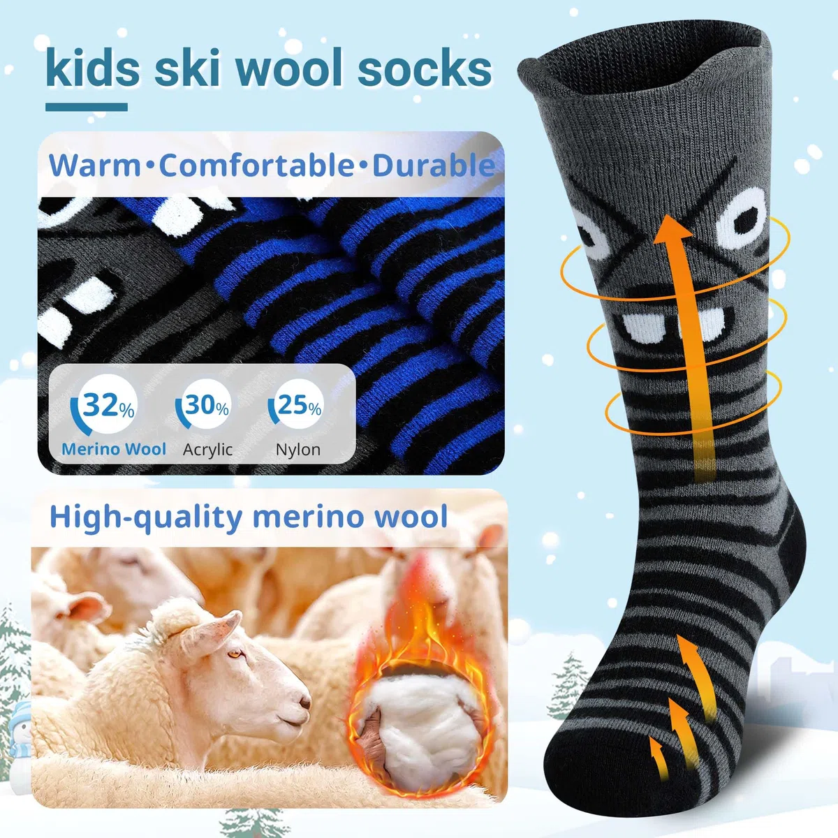 Muezna Lot de 2 paires de chaussettes de ski en laine mérinos pour enfants, garçons et filles, chaussettes thermiques d'hiver, chaussettes de sport, chaussettes de sport, chaussettes épaisses pour le