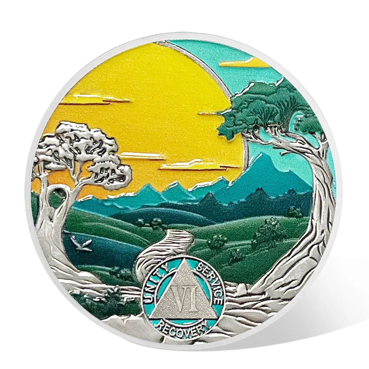 Pièce de sobriété de 6 ans – Médaillon solaire – Puces AA et médaillon pour homme et femme – Jeton de convalescence – Cadeau d'anniversaire de mariage – Pièce d'arbre de forêt
