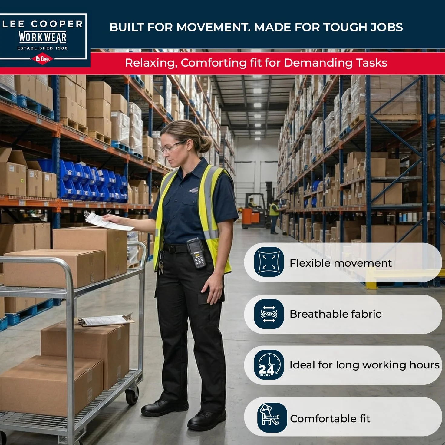 Lee Cooper Pantalon Travail Femme Cargo – Workwear Résistant Entretien Facile Multi Poches, Pantalon Sécurité Classique pour Chantier Industrie (Noir, 42 EU / 28L)