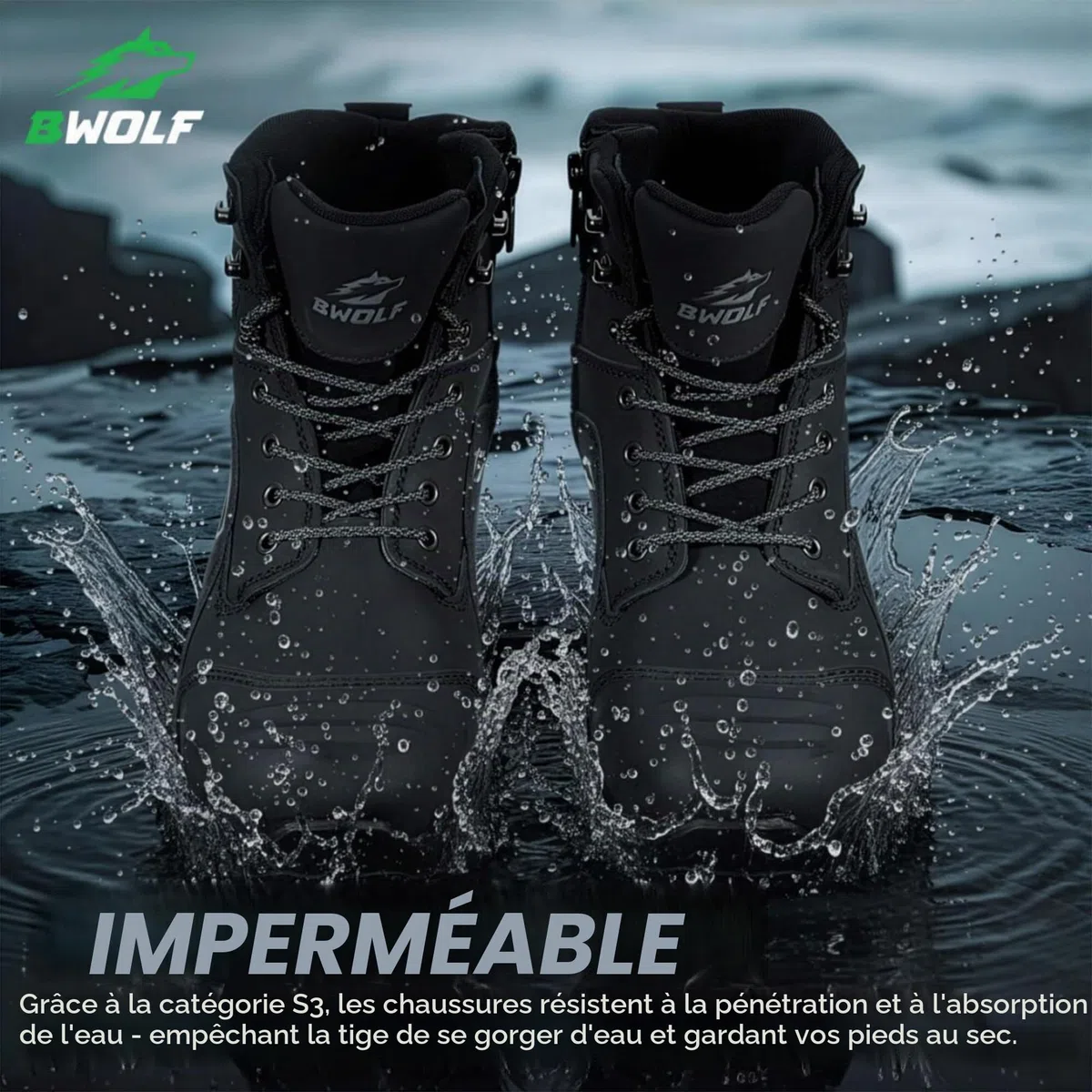 BWOLF Fantom Hi S7L Chaussures de sécurité d'hiver imperméables pour homme avec semelle intermédiaire en Kevlar et embout de protection des orteils