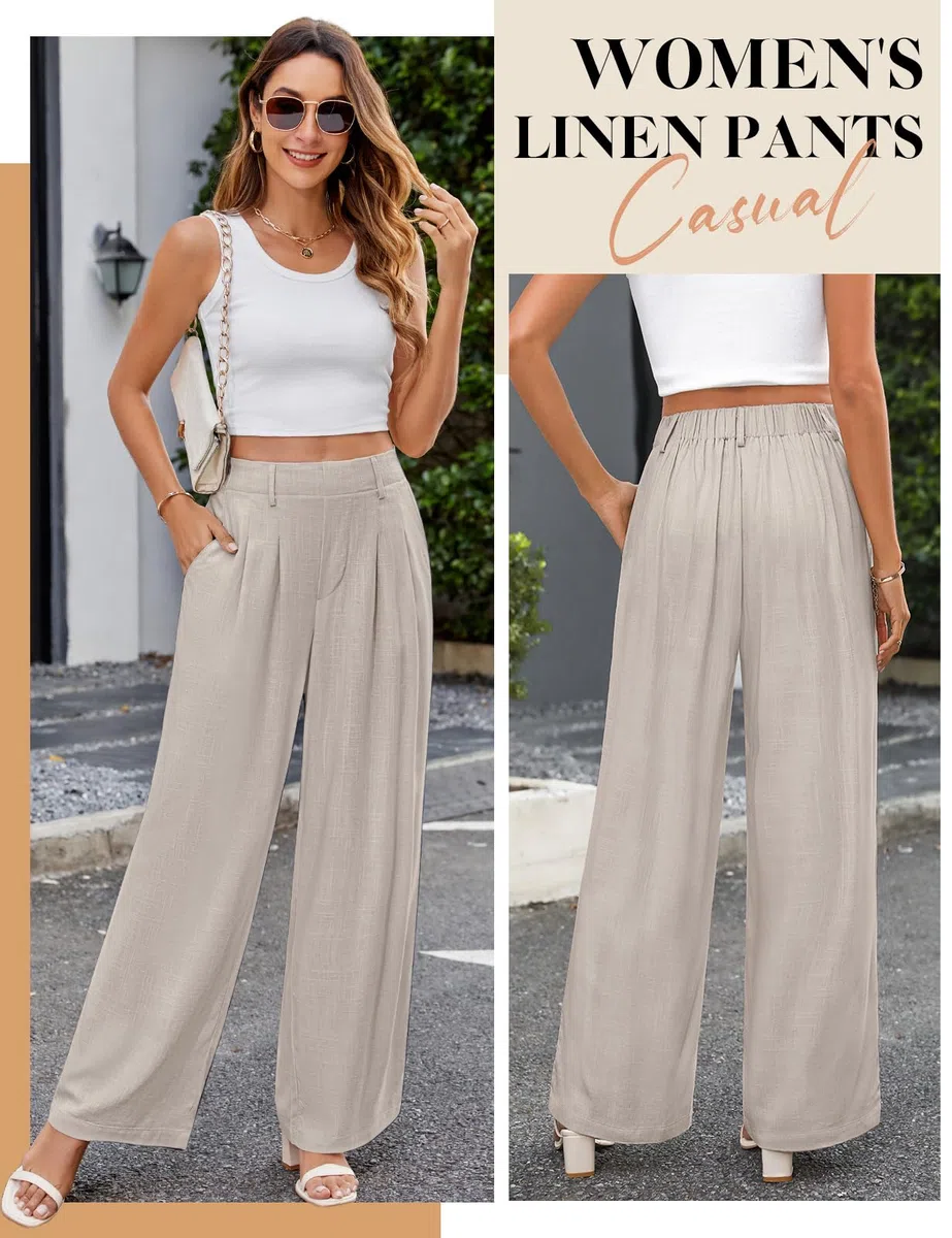 CMTOP Pantalon Lin Femme Été à Jambe Droite Ample Décontracté Fluide Taille Haute avec Cordon de Serrage Elastique et Poches