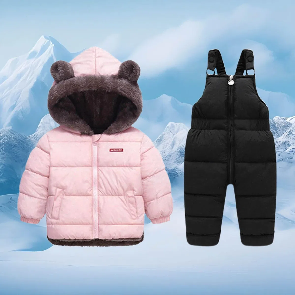 Générique Enfant 2PCS Ensemble de Combinaison de Neige, Doudoune à Capuche + Salopette Pantalons, Manteau de Duvet Zippé Fourrure Hiver Chaud Tenue Imperméable Coupe-vent Plein Air pour Fille Garçon