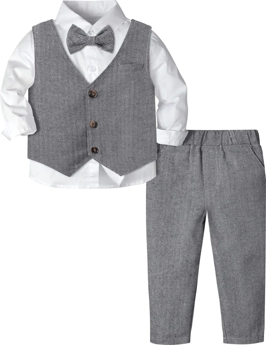 mintgreen Bébé Garçons Costumes, 3 Pièces Tenue en Tweed à Chevrons Ensemble de Vêtements de Baptême Chemise + Gilet + Pantalon + Nœud Papillon, 1-4 Ans