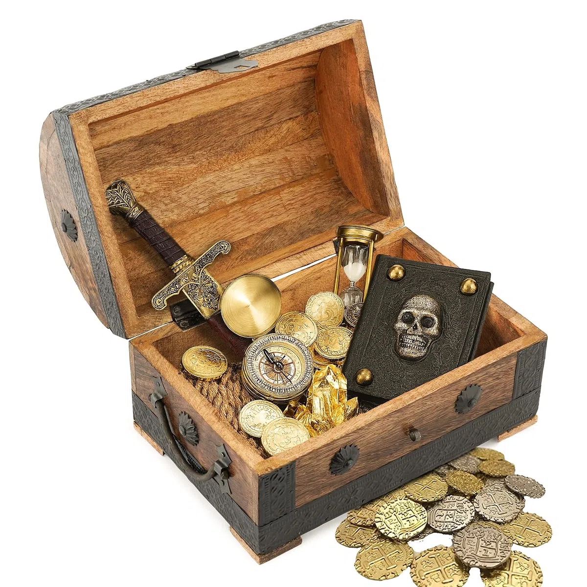 Ajuny Coffre à Bijoux Pirate en Bois de Manguier avec Serrure et Clé, Coffret au Trésor Vintage Fait Main Coquillages, Boîte de Rangement Bijoux Souvenirs Bibelots, 9 x 6 Pouces