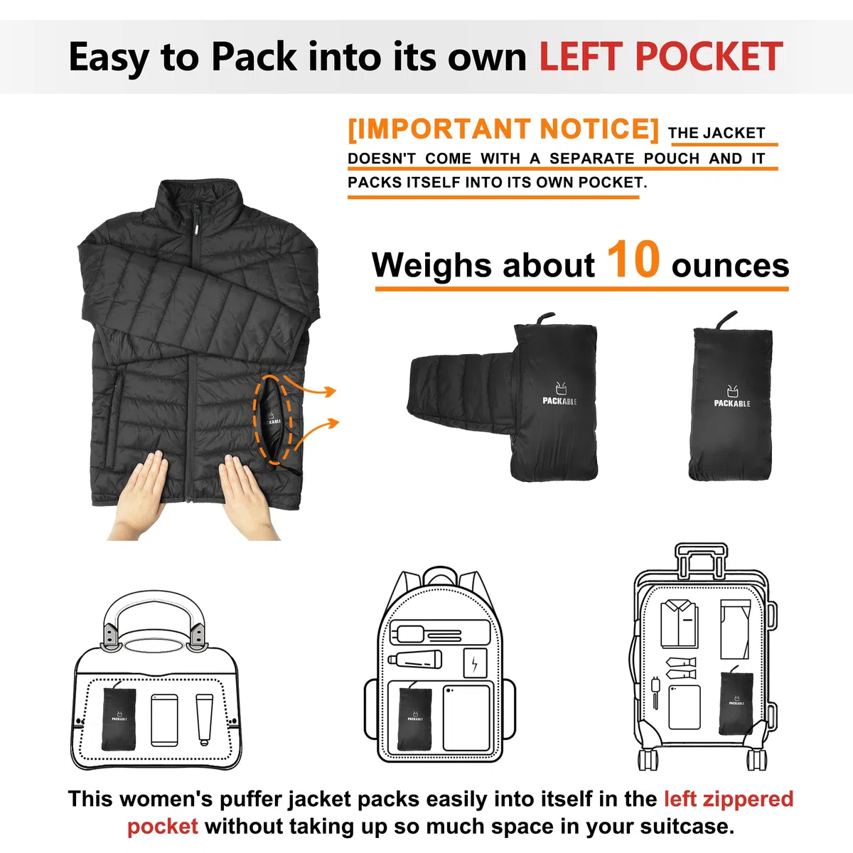 Outdoor Ventures Veste matelassée légère et chaude pour femme - Veste matelassée douce - Pour les loisirs, la randonnée, les voyages, l'extérieur