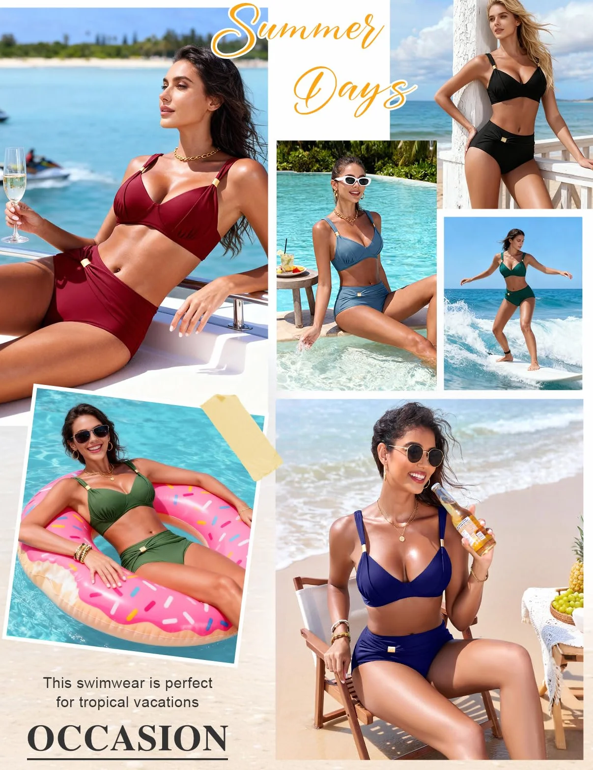 Maillot de Bain Femme 2 Pièces Bikini Taille Haute Push Up avec Soutien Ventre Décolleté Réglable et Détails Métalliques Grande Taille et Sexy pour Plage Piscine
