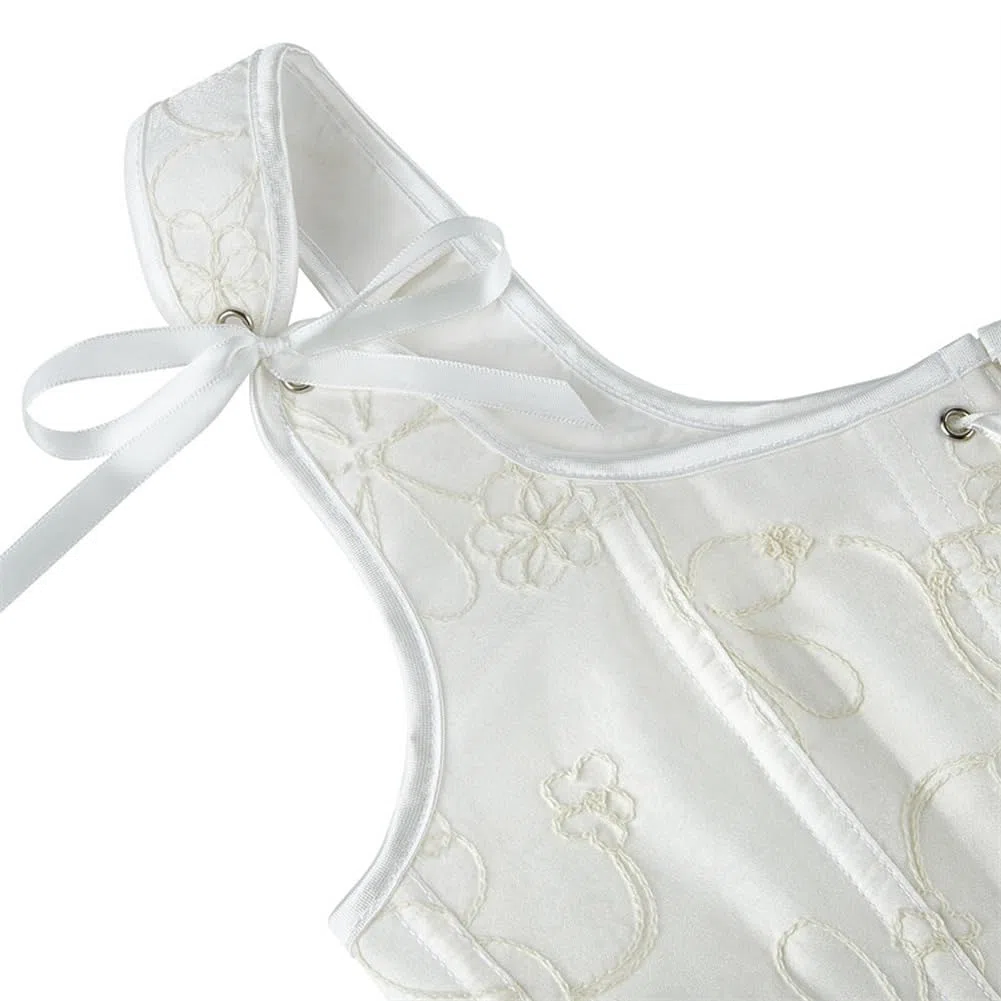 DISSA Corset Bustier à Laçage Frontal et Armature | Motif floral brodé, bretelles larges à nœuds, laçage frontal, armatures verticales, fermeture crochet