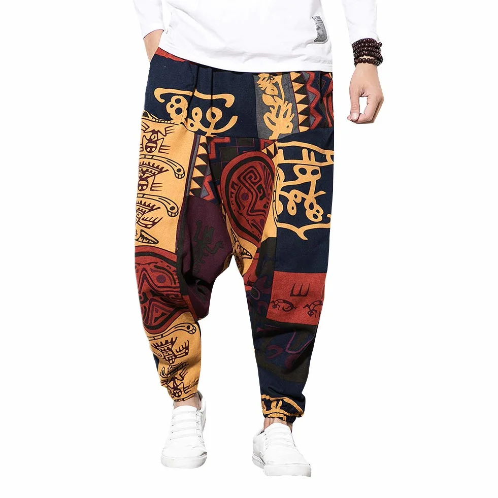 Pantalon sarouel hip-hop ample en lin pour homme - Pantalon de yoga Aladdin bohème - Pantalon bouffant - Entrejambe profond - Imprimé rétro - Pantalon avec poches