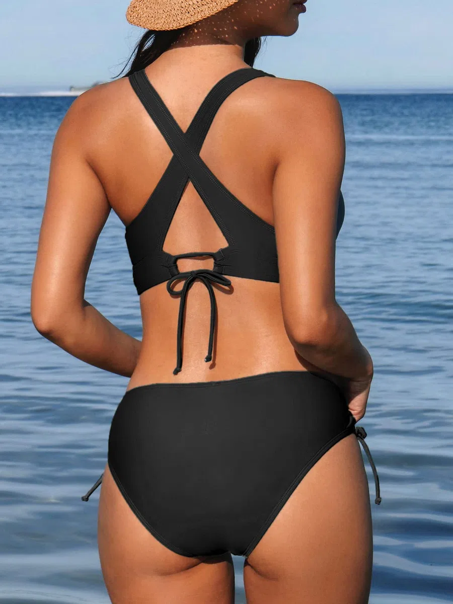 CUPSHE Ensemble de bikini deux pièces pour femme avec col en V, haut triangulaire, bretelles larges, lacets croisés dans le dos, taille mi-haute