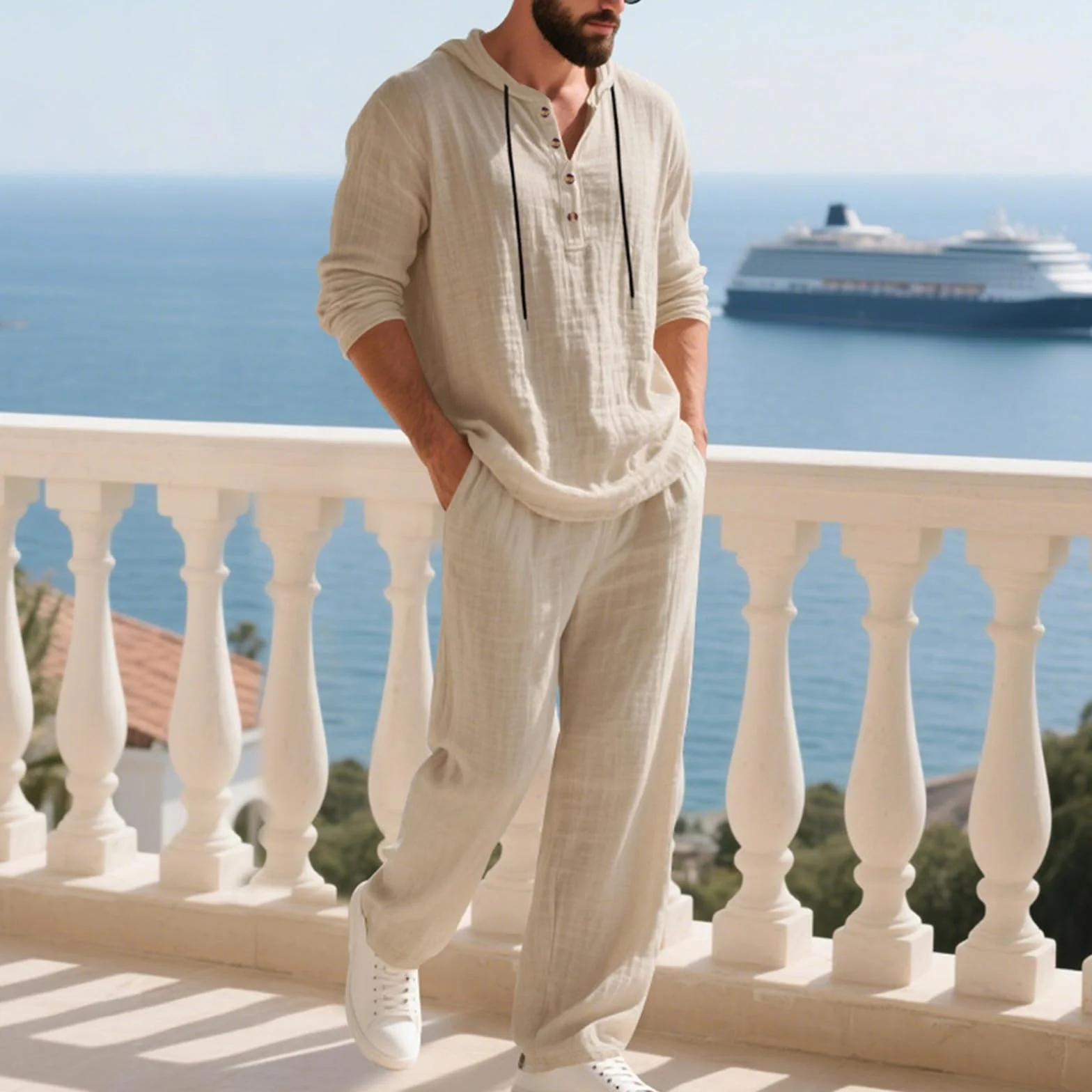 Générique Ensemble 2 Pièces Haut Et Pantalon Ample À Capuche For Hommes Tenue De Costume En Lin Décontractée Avec Cordon De Serrage Tenue Quotidienne ensemble homme chic